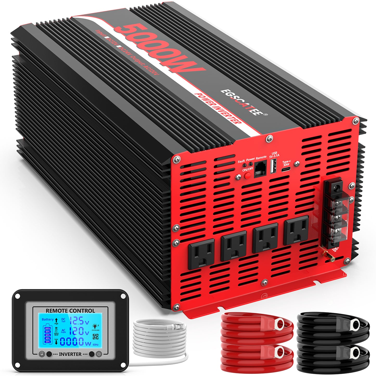5000W Power Inverter 12V DC to 120V AC Converter for Truck, Home, RV, Peak 10000W Off-Grid Solar Power Inverter with 4 AC Outlets, USB Port,Type-C Port, Remote Controller with LCD Screen