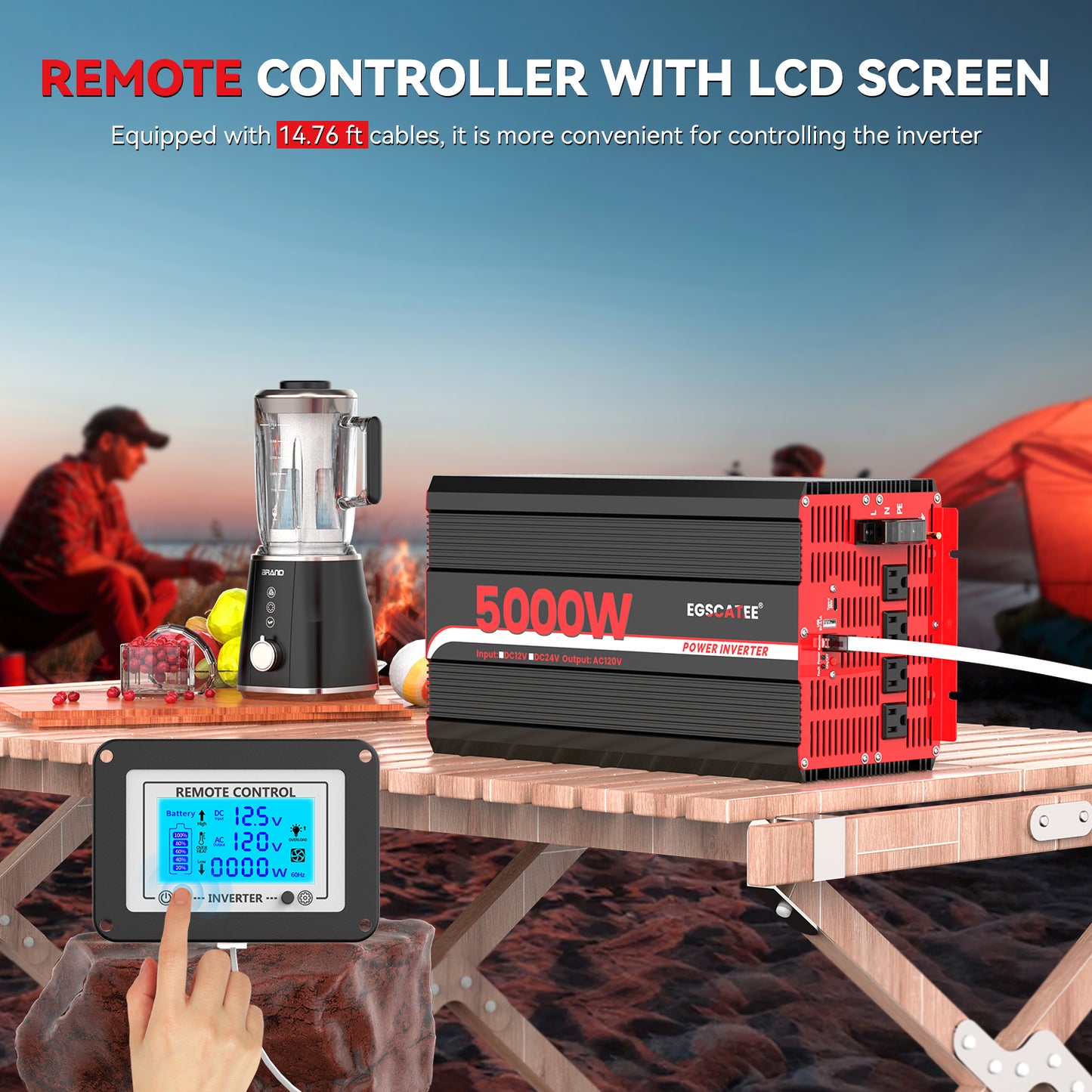 5000W Power Inverter 12V DC to 120V AC Converter for Truck, Home, RV, Peak 10000W Off-Grid Solar Power Inverter with 4 AC Outlets, USB Port,Type-C Port, Remote Controller with LCD Screen
