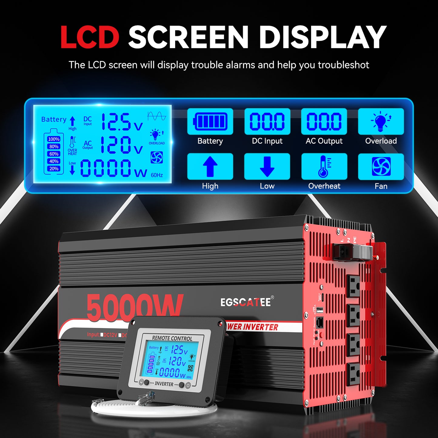 5000W Power Inverter 12V DC to 120V AC Converter for Truck, Home, RV, Peak 10000W Off-Grid Solar Power Inverter with 4 AC Outlets, USB Port,Type-C Port, Remote Controller with LCD Screen