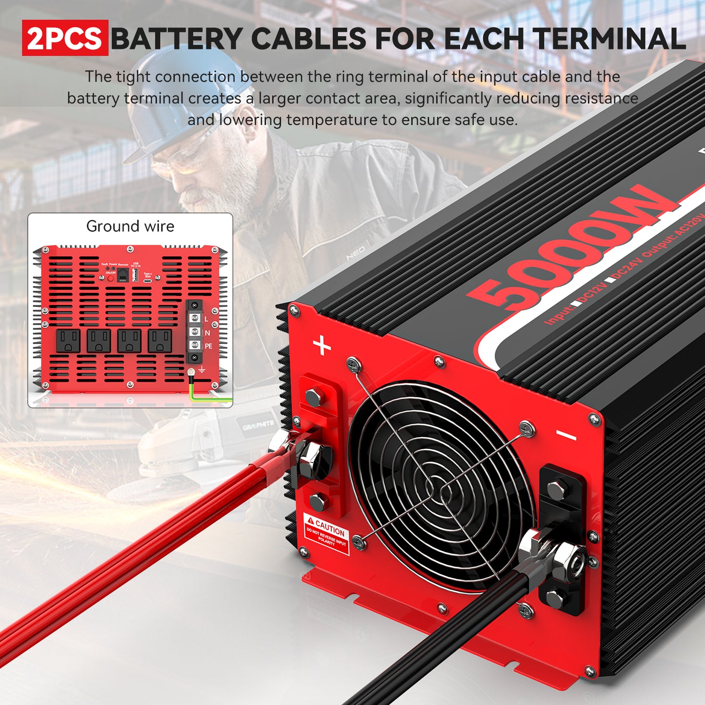 5000W Power Inverter 12V DC to 120V AC Converter for Truck, Home, RV, Peak 10000W Off-Grid Solar Power Inverter with 4 AC Outlets, USB Port,Type-C Port, Remote Controller with LCD Screen