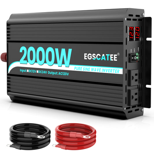 EGSCATEE 2000W Pure Sine Wave Power Inverter 12V DC to 110/120V AC Converter for Car, Truck, Home, Vehicles,Boat, Car Charger Adapter 12V to 110V with Built-in 2 AC Outlets, USB Ports, LCD Display