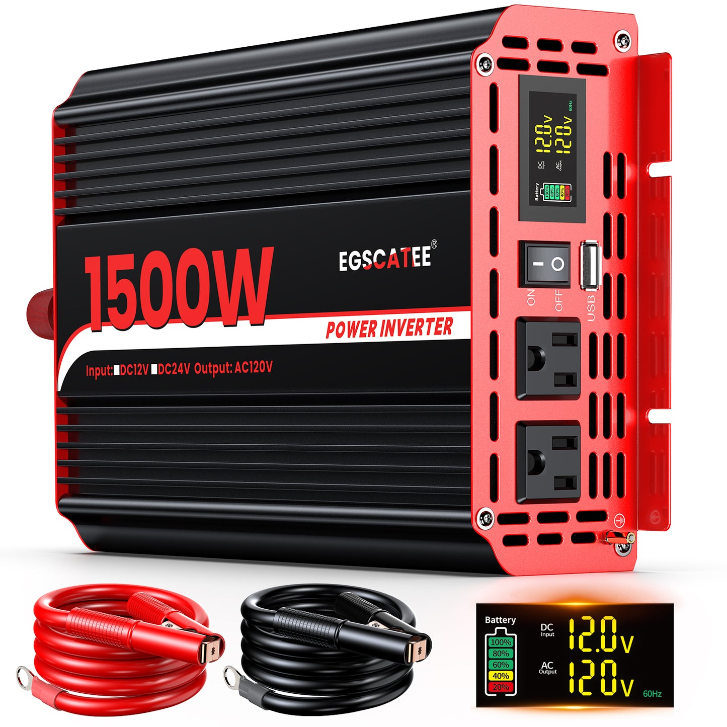 1500W Power Inverter 12V DC to 110V/120V AC Converter, Peak Power 3000W Car Inverter with LCD Display, 2 AC Outlets, 3.1A USB Port for Vehicles, Camping, Travel, Emergency Use