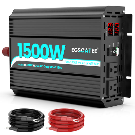 EGSCATEE 1500W Pure Sine Wave Power Inverter 12V DC to 110/120V AC Converter for Car, Truck, Home, Vehicles,Boat, Car Charger Adapter 12V to 110V with LCD Diaply, Built-in 2 AC Outlets, USB Ports