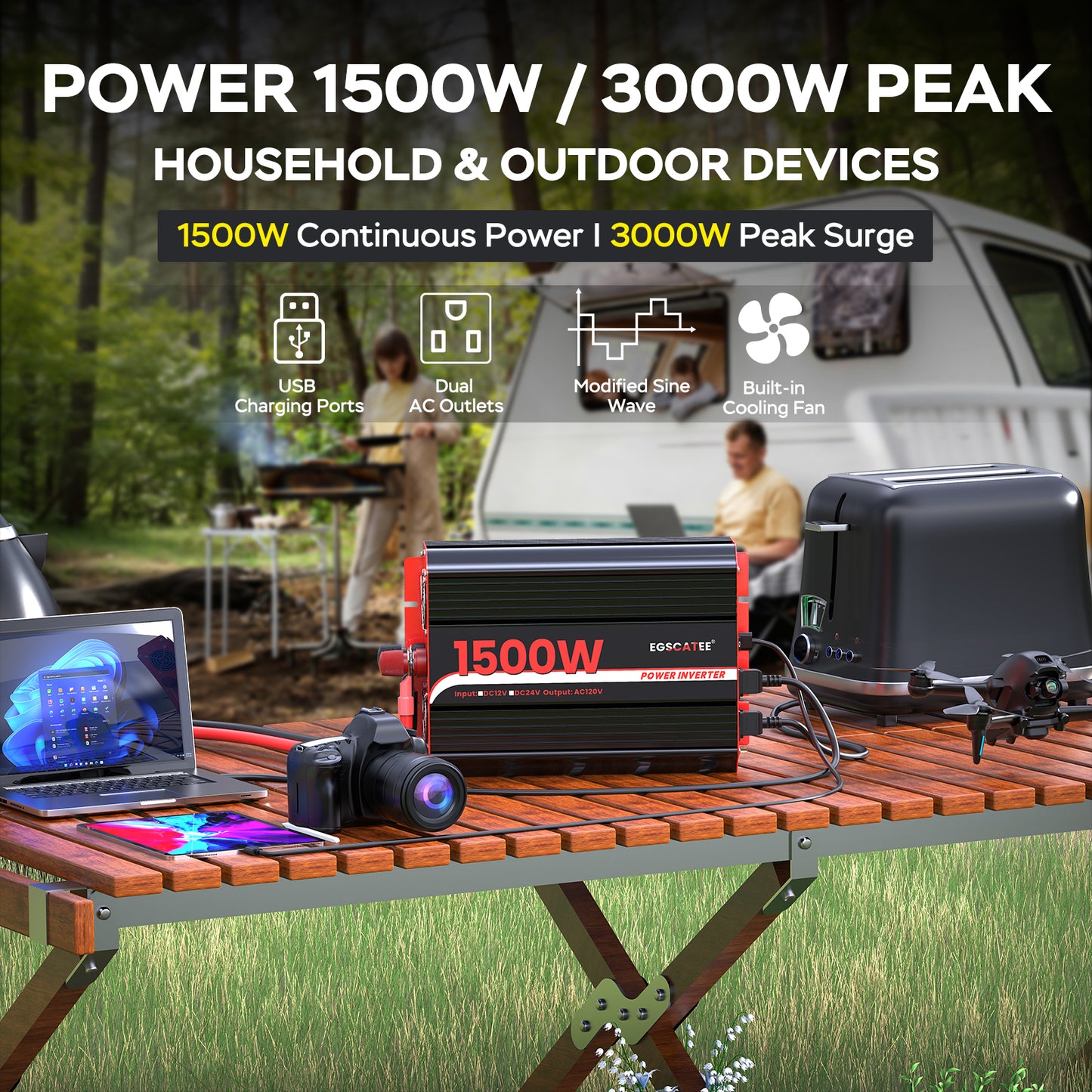 1500W Power Inverter 12V DC to 110V/120V AC Converter, Peak Power 3000W Car Inverter with LCD Display, 2 AC Outlets, 3.1A USB Port for Vehicles, Camping, Travel, Emergency Use