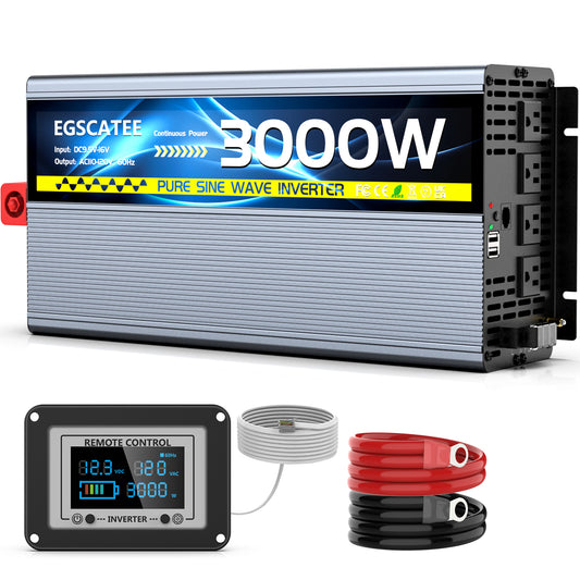 EGSCATEE 3000W Pure Sine Wave Power Inverter 12V DC to 120V AC Converter for Truck, Home, Vehicles,RV, Solar Inverter with Built-in 5V/3.4A USB,4AC Outlets Remote Control with on-Screen Display