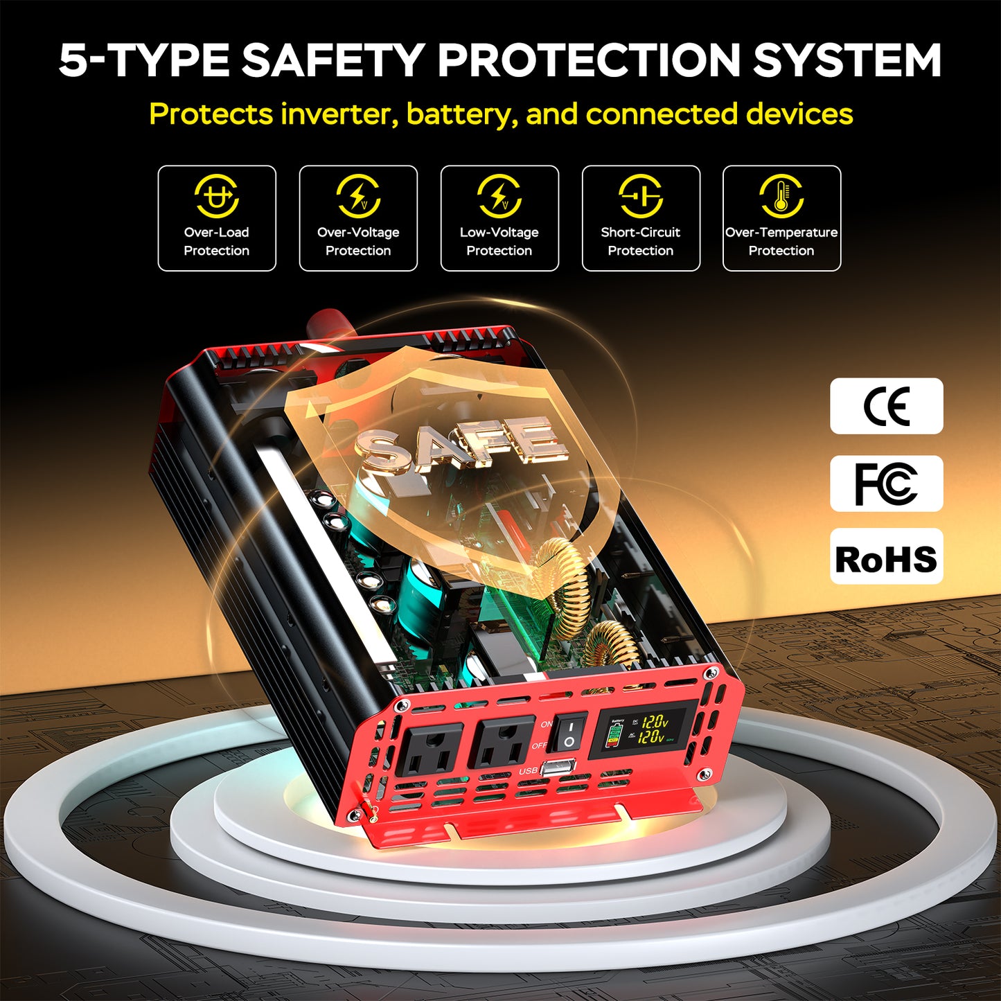 1500W Power Inverter 12V DC to 110V/120V AC Converter, Peak Power 3000W Car Inverter with LCD Display, 2 AC Outlets, 3.1A USB Port for Vehicles, Camping, Travel, Emergency Use