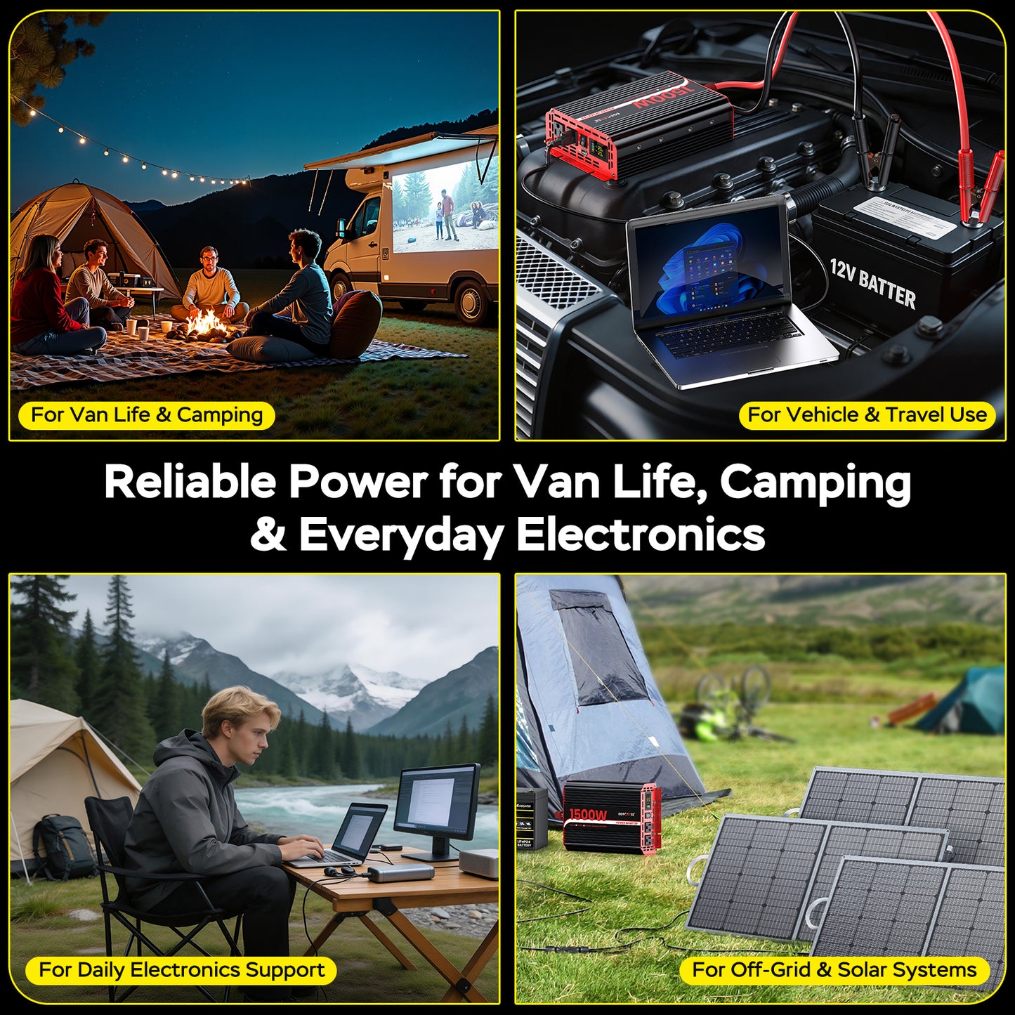1500W Power Inverter 12V DC to 110V/120V AC Converter, Peak Power 3000W Car Inverter with LCD Display, 2 AC Outlets, 3.1A USB Port for Vehicles, Camping, Travel, Emergency Use