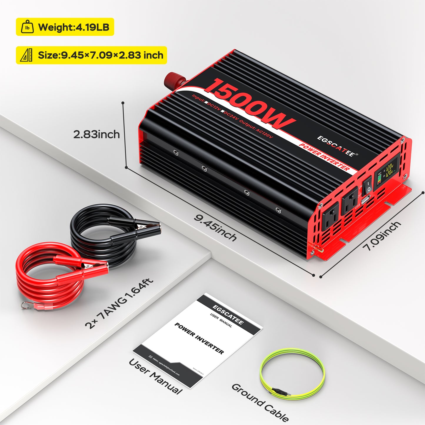 1500W Power Inverter 12V DC to 110V/120V AC Converter, Peak Power 3000W Car Inverter with LCD Display, 2 AC Outlets, 3.1A USB Port for Vehicles, Camping, Travel, Emergency Use